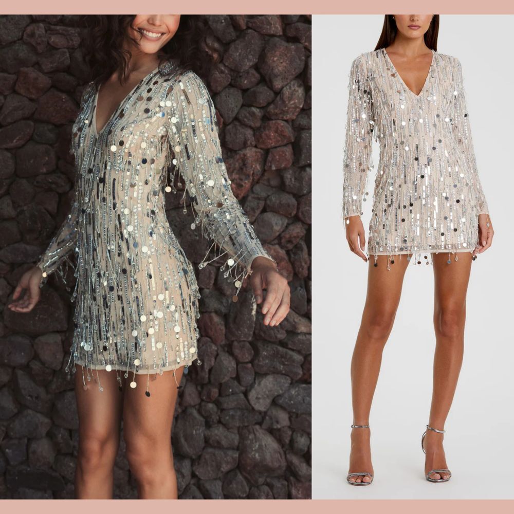 NWT Mac Duggal [ 10 ] 93850 Long‎ Sleeve Beaded Fringe Plunge Neck Dress Nude